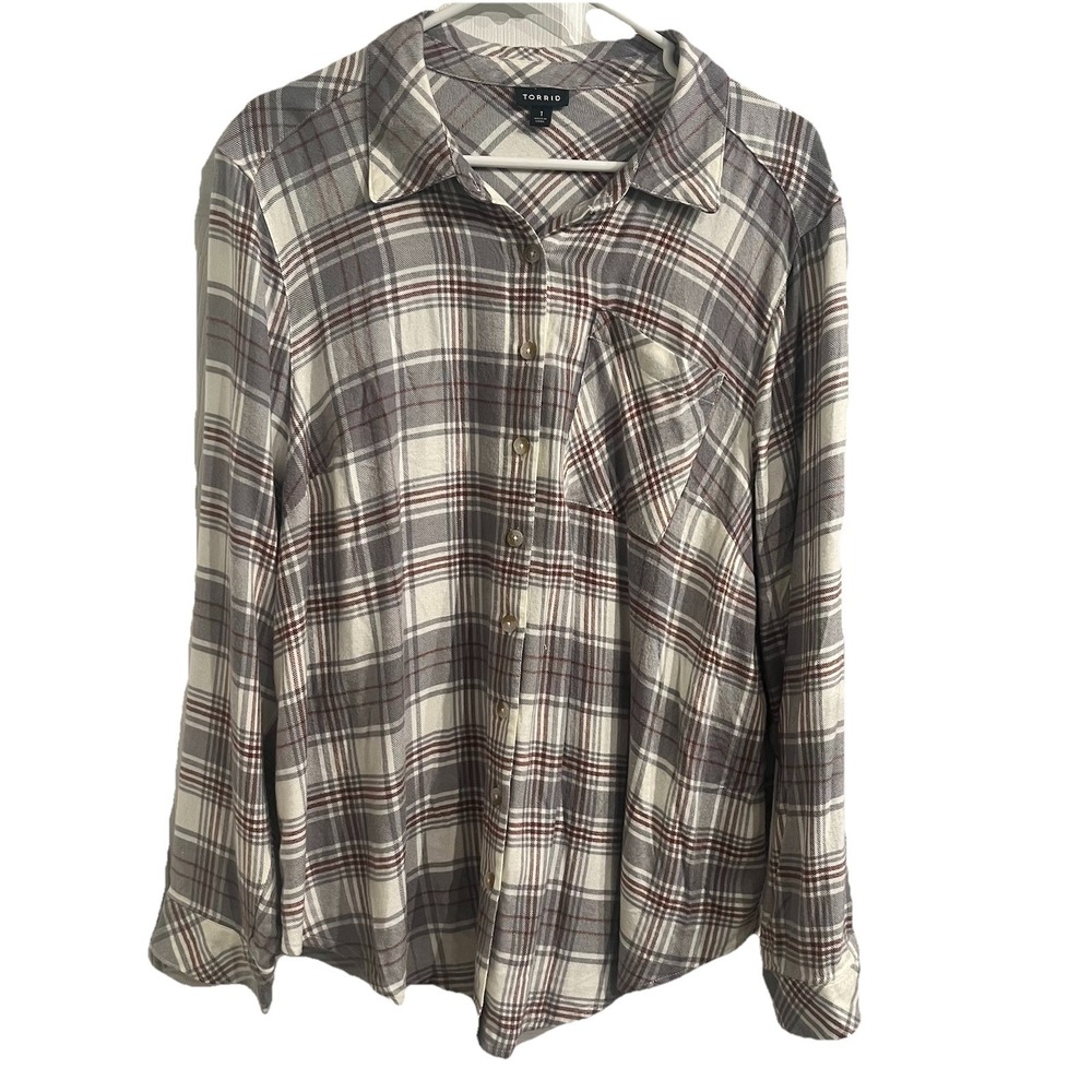 Torrid Size 1 Plaid Brushed Rayon-Acrylic Flannel Button-Up Shirt Gray